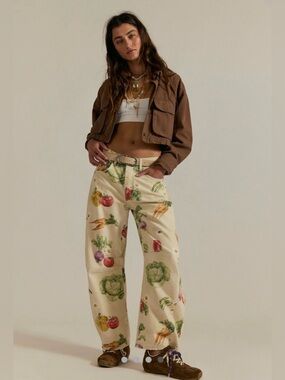 NWOT FREE PEOPLE We The Free Good Luck Printed Barrel Jeans Style